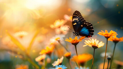 Wall Mural - Beautiful dark blue butterfly fly in a meadow with yellow summer daisies. Natural banner.