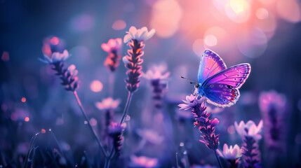 Wall Mural - A lilac butterfly sits on a lavender flower in a lavender field in sunset lighting. Natural banner.