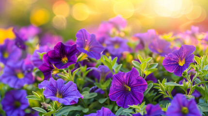 Wall Mural - Bright purple petunia in the flowerbed in the golden rays of the setting sun.