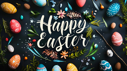 Wall Mural - inscription Happy easter on a black background and multi-colored Easter eggs