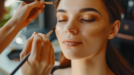 Sticker - Makeup artist working with beautiful woman in cosmetic salon, generative ai