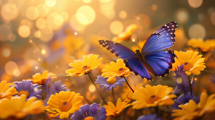 Wall Mural - Blue butterfly flies over a meadow with yellow daisies against golden bokeh background.