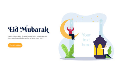 Wall Mural - Happy Eid Mubarak or Ramadan Greeting with People Character Illustration. Islamic Design Template for Banner, Landing Page or Poster.