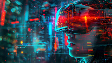 Wall Mural - girl in virtual reality glasses close-up on a dark background in neon style with copy space