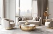 © Chand Abdurrafy - A luxury living room with light gray velvet chairs, gold legs and brass coffee table, beige sofa, white walls, floor to ceiling windows, bright lighting, soft colors, and modern style