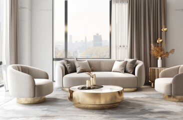Poster - A luxury living room with light gray velvet chairs, gold legs and brass coffee table, beige sofa, white walls, floor to ceiling windows, bright lighting, soft colors, and modern style