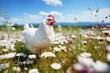 Portrait of chicken on a green grass meadow with flowers, bright sunny day, on a ranch in the village, rural surroundings on the background of spring nature