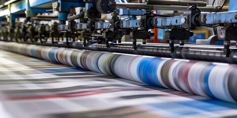 Sticker - Offset printing press in operation creating newspapers. Concept Printing Press, Offset Printing, Newspaper Production, Press Operation, Publishing Industry