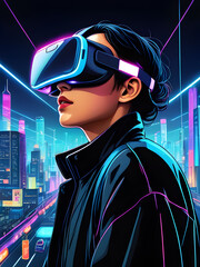 Wall Mural - girl in virtual reality glasses close-up in neon style against the background of the city