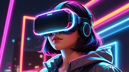 Wall Mural - girl in virtual reality glasses close-up in neon style against the background of the city