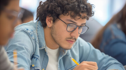 Wall Mural - A young male student with glasses engrossed in writing during a classroom exam.