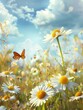 Beautiful field meadow flowers chamomile and butterfly against blue sky with clouds, nature spring summer landscape, close-up macro