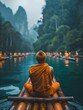 Experience the tranquility of monk athletes practicing the art of meditation while floating gracefully on traditional bamboo rafts, film stock