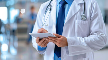 Poster - A doctor in a white coat with a stethoscope is using a tablet in a hospital corridor.