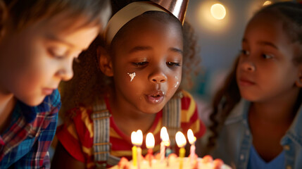 Wall Mural - Three children gather around a birthday cake, one making a wish before blowing out the candles.