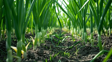 Fields of green garlic, bright green color and tender stems of garlic plants