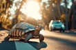 Tortoise on sunlit street, approaching car in background.