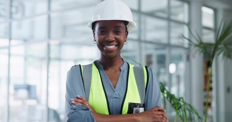 Wall Mural - Black woman, construction worker and arms crossed with smile in portrait, engineering and maintenance. Professional contractor, happy with career or building renovation, architecture and technician