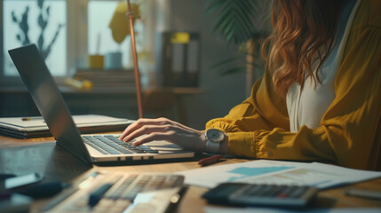 Poster - A close-up view of hands typing on a laptop keyboard, with a desk lamp illuminating the workspace.