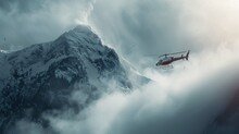 Helicopter Flying In Snow Mountains Smokey Morning