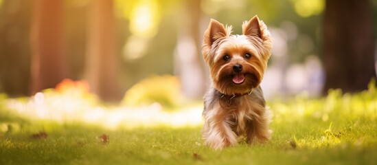 Poster - A Toy dog breed, carnivore terrestrial animal with a fawn coat is standing in the grass, looking at the camera with its livercolored snout. It is a companion dog