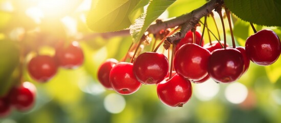 Sticker - A cluster of seedless fruits known as cherries grow on a tree branch. Cherries are a natural food and considered a superfood due to their health benefits