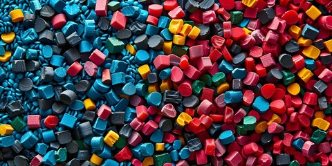 Wall Mural - Colorful plastic pellets for recycling promoting reuse and separate waste collection in plastic manufacturing. Concept Plastic Pellet Recycling, Reuse Initiative, Waste Collection