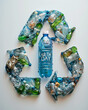 Recycle symbol made of plastic bottles. White background, ai generated. Environment problem, save planet, Earth day concept.