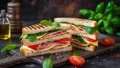 Grilled panini with ham, red tomatoes, cheese and basil. Tasty fast food on table. Delicious meal.