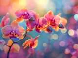 Fototapeta Storczyk - Close up on orchid flowers in morning light, studio-lit vibrance, colorful bokeh dreams background