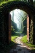 3d rendering of a fantasy doorway portal framed by green vines leading into a idyllic garden. Generative AI