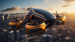 Futuristic manned roto passenger drone flying in the sunset sky over modern city for future air transportation and robotaxi concept  