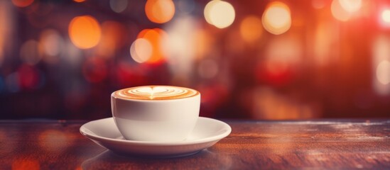 Poster - A white coffee cup sits on a saucer atop a wooden table, creating a cozy ambiance. The tableware adds elegance to the drinkware