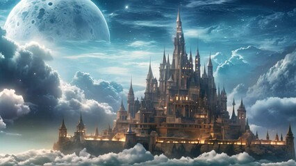 Sticker - Magic Fairy Tale Castle. Fantasy landscape with castle and full moon, AI Generated