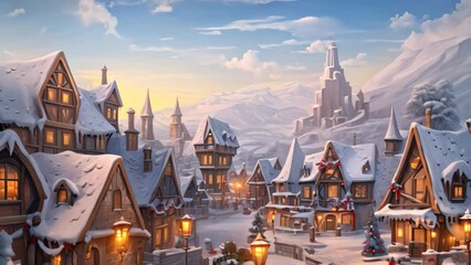 Wall Mural - Winter fairy tale scene with wooden houses and christmas trees. Christmas background, AI Generated