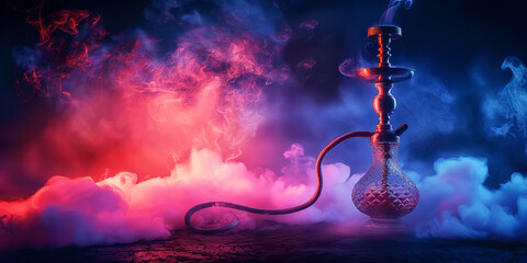 Wall Mural - smoky modern hookah on dark background of shisha smoke