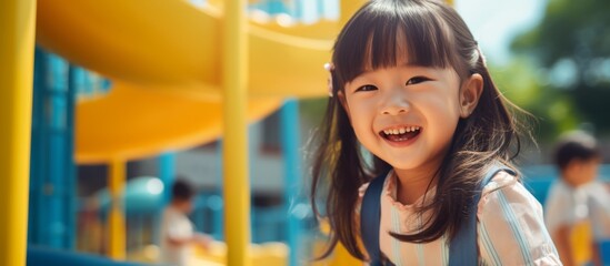 Poster - A toddler is happily sitting on a slide at the playground, smiling and having fun. Its a moment of leisure and recreation for the cheerful kindergarten child