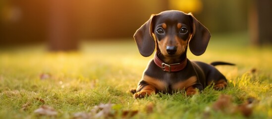 Poster - A fawn dachshund puppy, a carnivorous companion dog breed, is lying in the grass, gazing at the camera with its adorable snout. This terrestrial animal is known for its working abilities