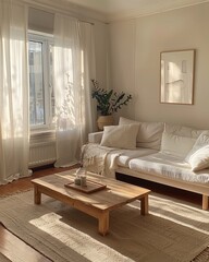 Wall Mural - Living room with white sofa, light brown wooden coffee table and beige rug, big window on wall behind it with sun shining through sheer curtains