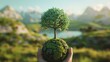 Hand Holding Miniature Earth with Flourishing Tree