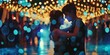 Romantic, lovely affectionate couple embracing and dancing a slow dance at a ball or prom, blurred sparkle bokeh background.