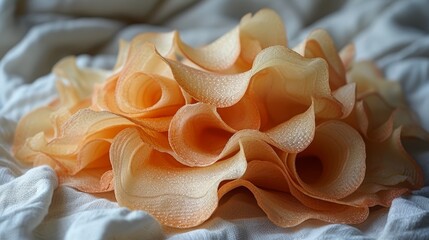 Wall Mural -   A tight shot of numerous orange blossoms against a pristine white bedsheet A pristine white pillow lies in the background