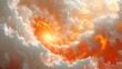   A painting of an orange and white cloud tableau, with the sun positioned centrally in the sky