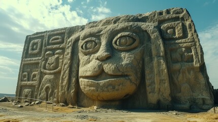 Wall Mural -   A large stone structure in a desert setting features a blue-sky backdrop with a carved face