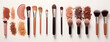 A collection of makeup brushes and tools, Various makeup brushes including highlighters on a beautiful landscape, makeup and beautician concept
