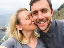 Real Selfie Of Loving Happy Couple On Roadtrip Along California Coast