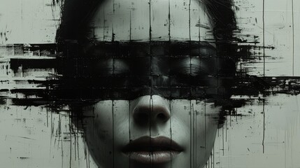 Wall Mural -   A woman's face painted with black and white splatters against a black and white backdrop