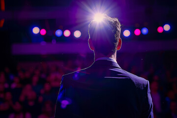 A man stands on stage in front of a crowd, with a spotlight shining on him