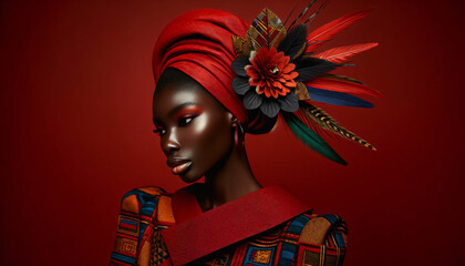 Wall Mural - African woman wearing a vibrant red dress, set against a vibrant red backdrop