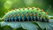   A tight shot of a caterpillar atop a leaf, its eyes adorned with numerous orange spots